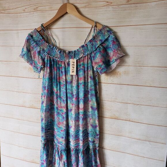 Pepin Off The Shoulder Watercolor Raw Hem Lightweight Summer Dress Size 4 - Picture 2 of 13